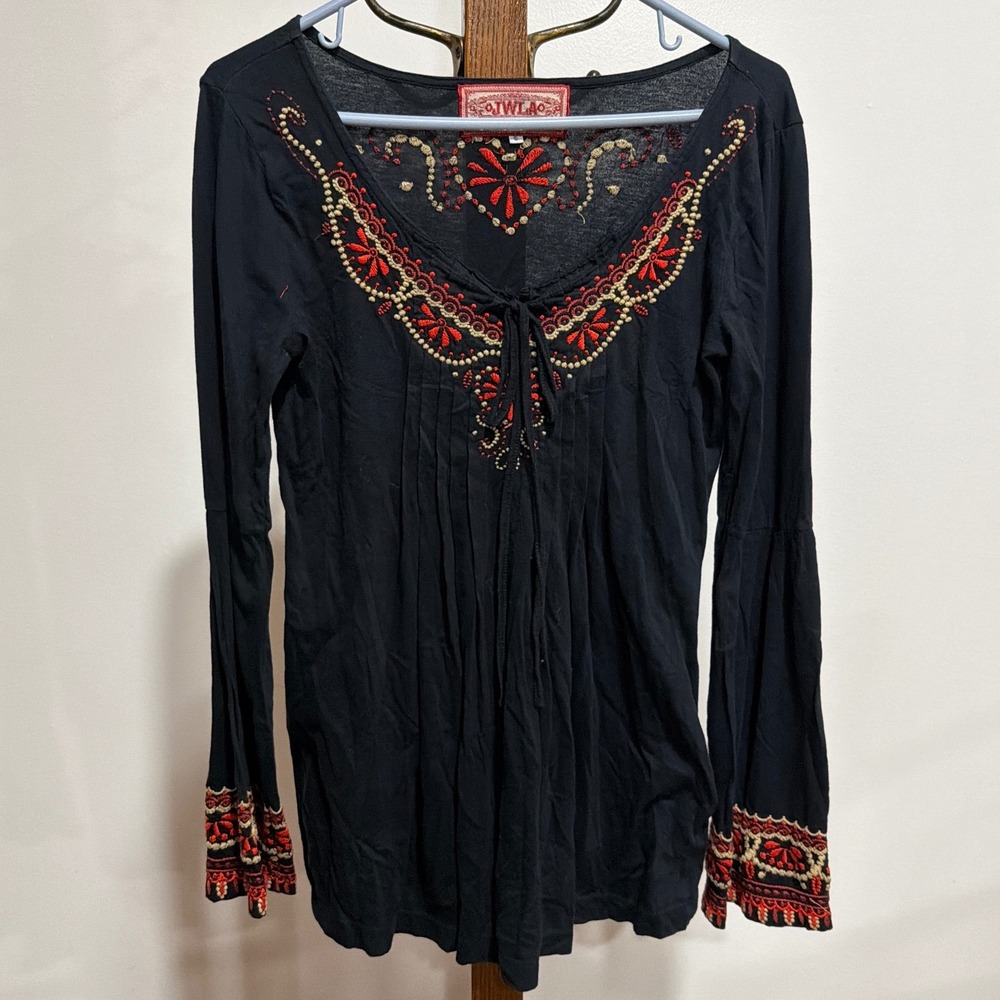 JWLA Johnny Was Blac Embroidered LS Bell Cuff Tunic Top S Folk Hippie Gypsy Boho